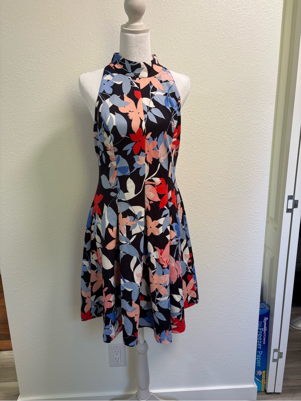 Vince Camuto Navy Floral Halter Mini Dress with Red and Blush Accents